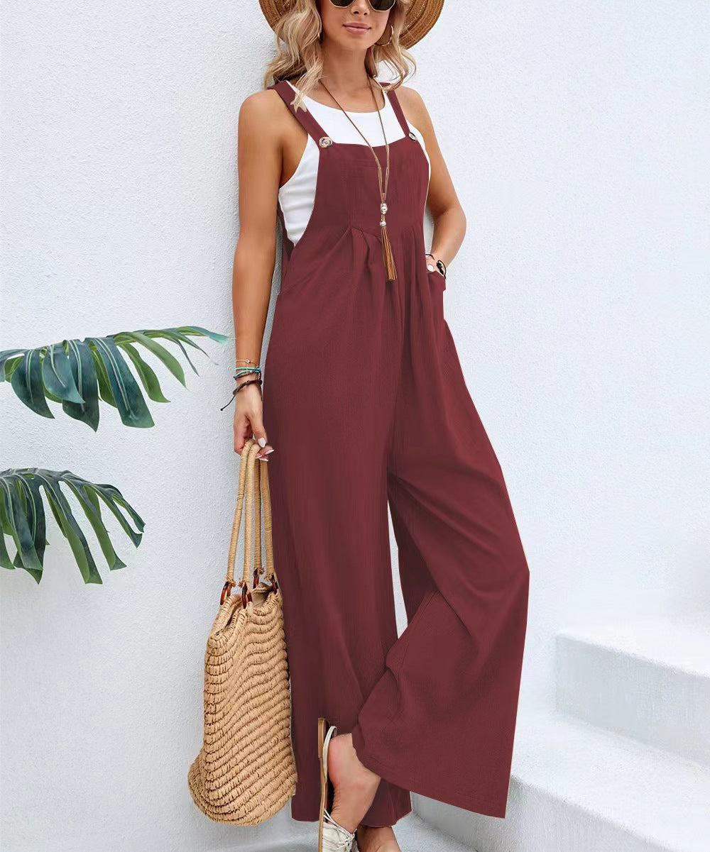 Multi-Color Casual Ruched Overalls with Adjustable Button Straps and Multiple Pockets