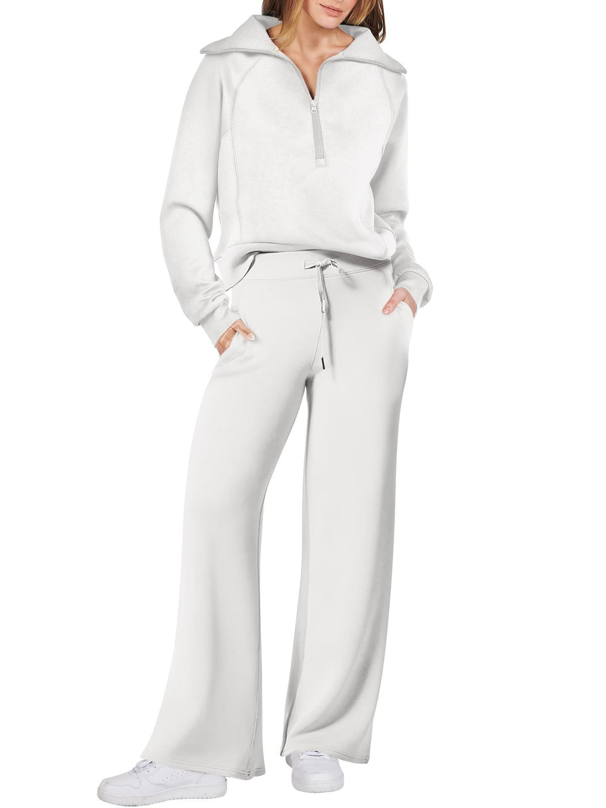 Women’s Half-Zip Sweatshirt & Wide-Leg Pants Set – Relaxed Two-Piece Outfit