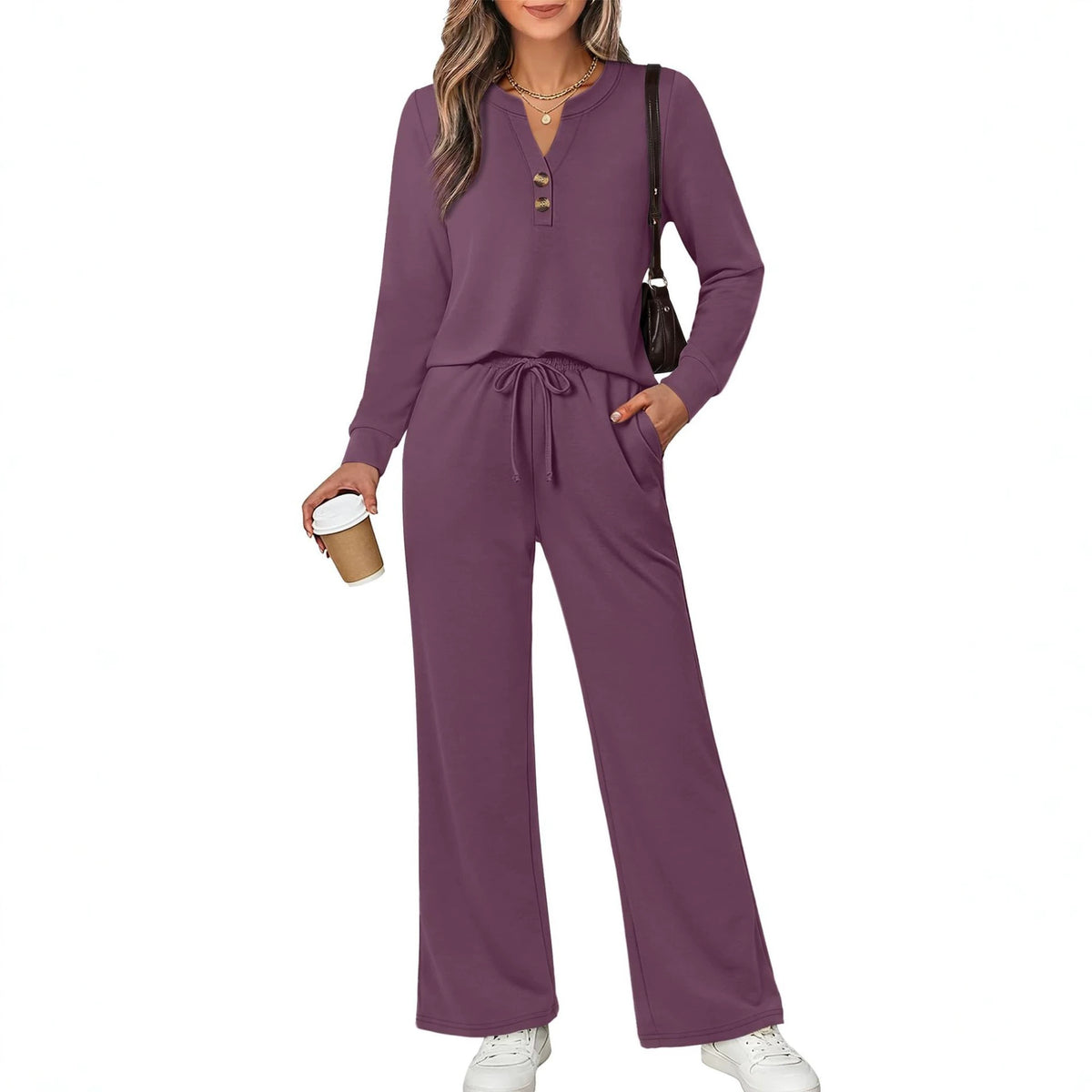 Fall & Winter Casual Two-Piece Set – Long-Sleeve Shirt & Wide-Leg Pants