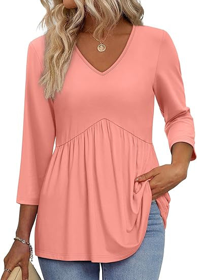 Women’s 3/4 Sleeve V-Neck Babydoll Blouse – Dressy Casual Top