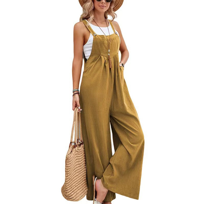 Multi-Color Casual Ruched Overalls with Adjustable Button Straps and Multiple Pockets