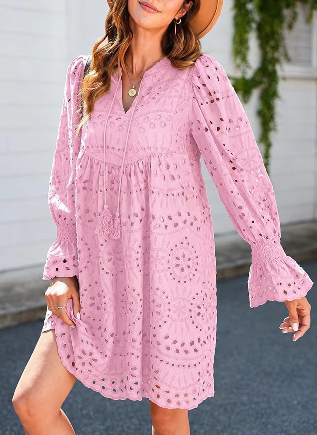 Womens 2026 Boho Dress Tassel V Neck Long Sleeve A Line Casual Hollow Out Lace Ruffle Party Dresses