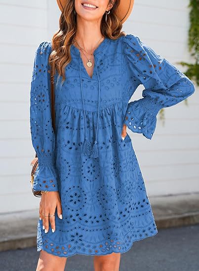 Womens 2026 Boho Dress Tassel V Neck Long Sleeve A Line Casual Hollow Out Lace Ruffle Party Dresses