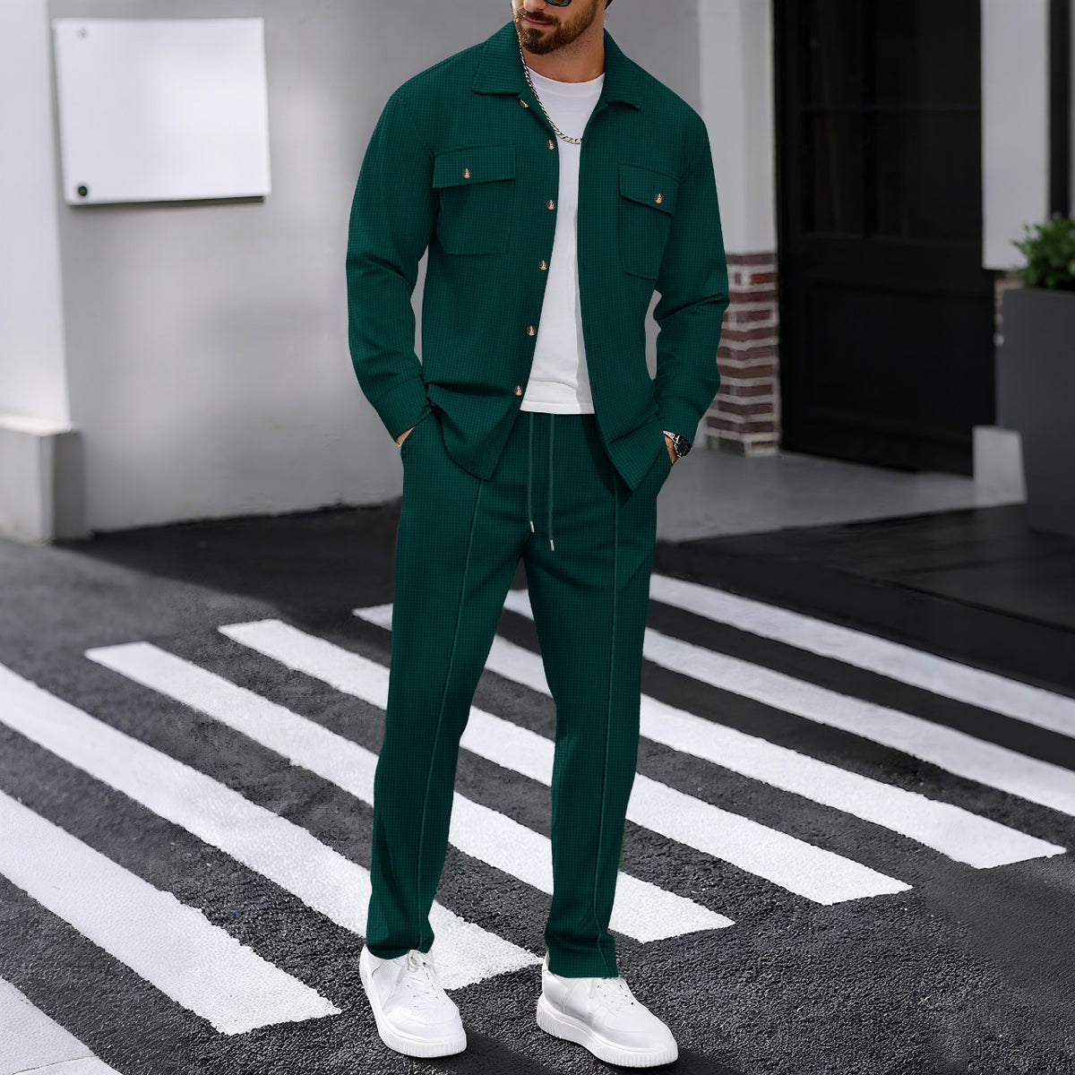 Men’s Textured Knit Shirt & Drawstring Pants Set – Casual Two-Piece Outfit