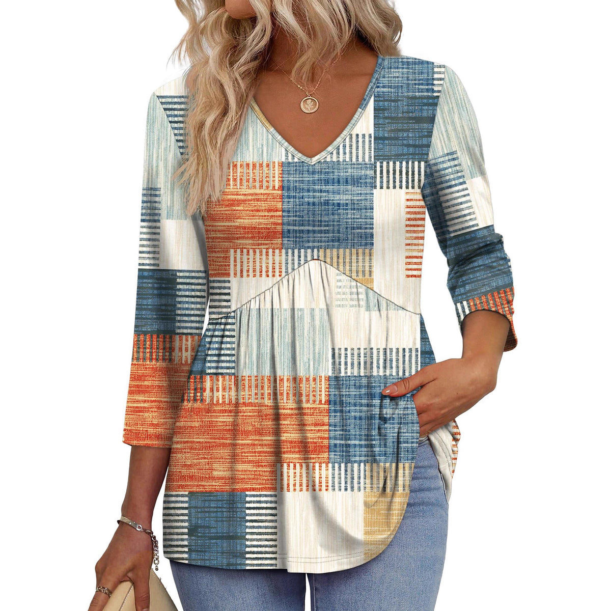 Women’s 3/4 Sleeve V-Neck Babydoll Blouse – Dressy Casual Top