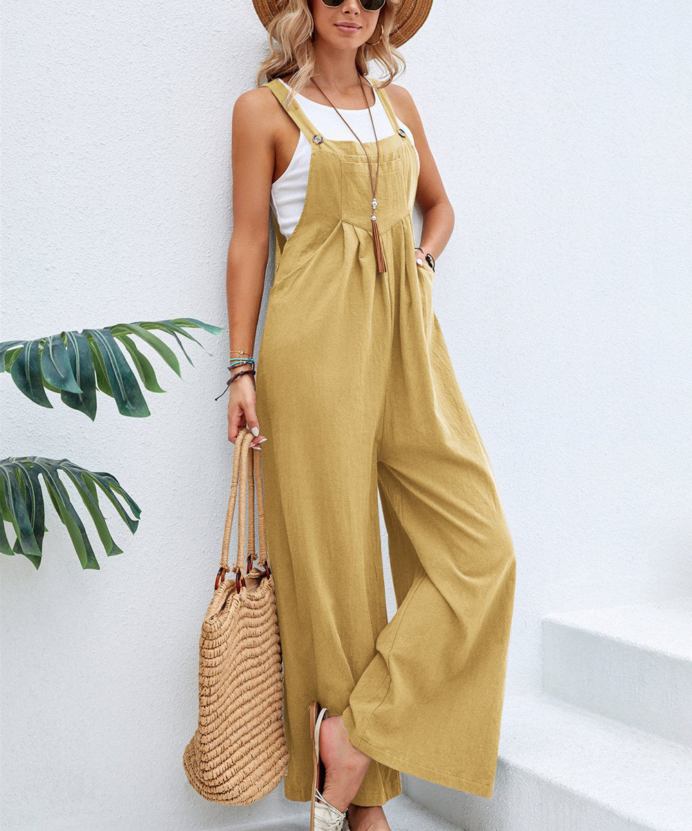 Multi-Color Casual Ruched Overalls with Adjustable Button Straps and Multiple Pockets