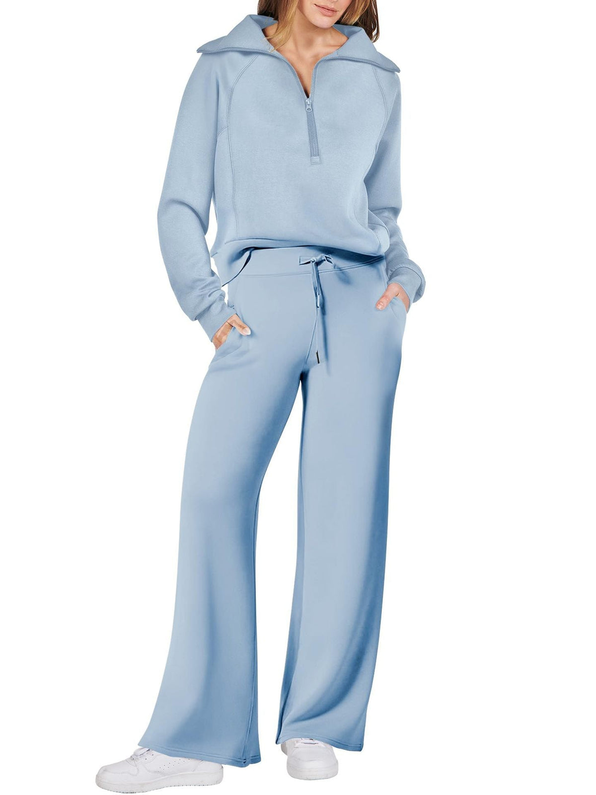 Women’s Half-Zip Sweatshirt & Wide-Leg Pants Set – Relaxed Two-Piece Outfit