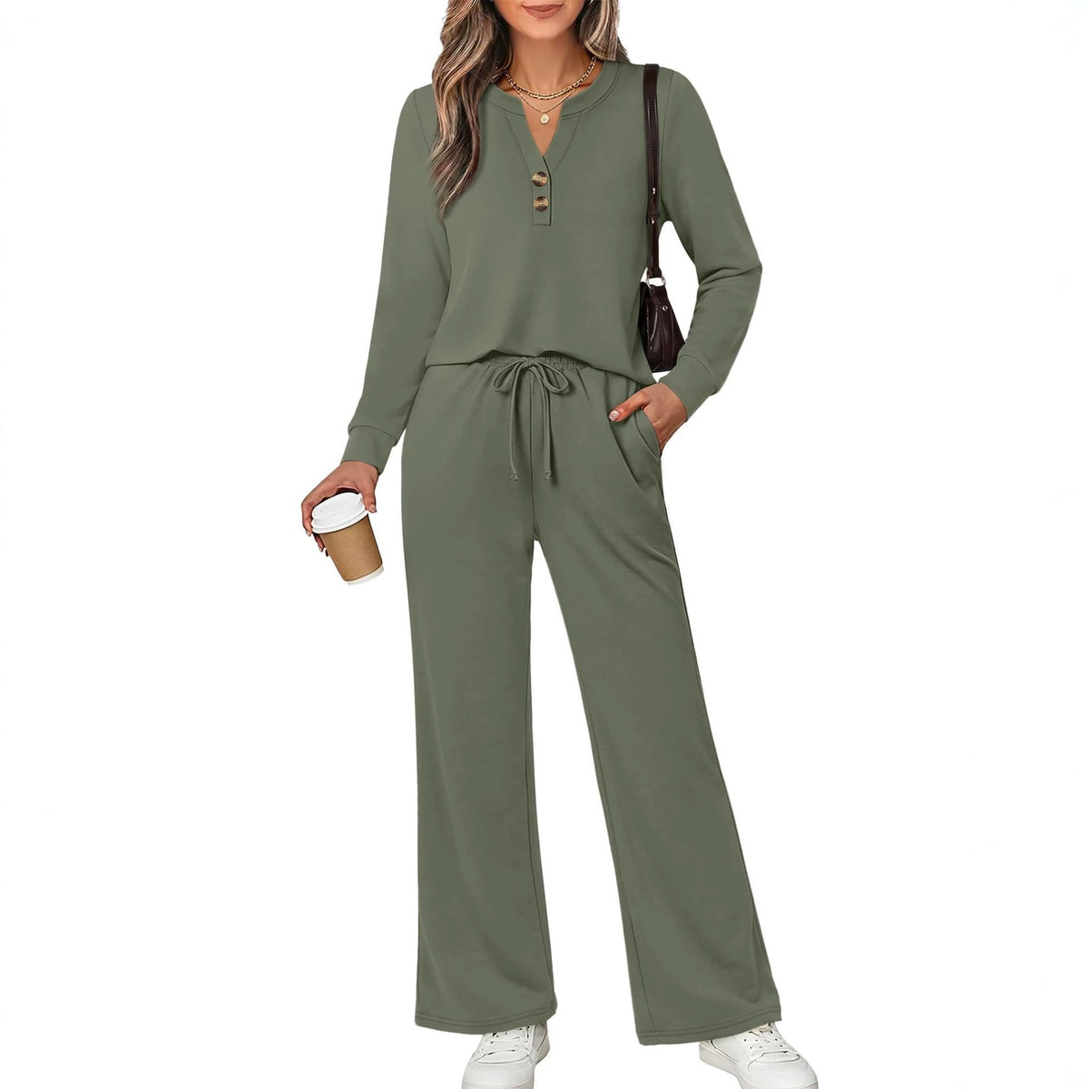 Fall & Winter Casual Two-Piece Set – Long-Sleeve Shirt & Wide-Leg Pants