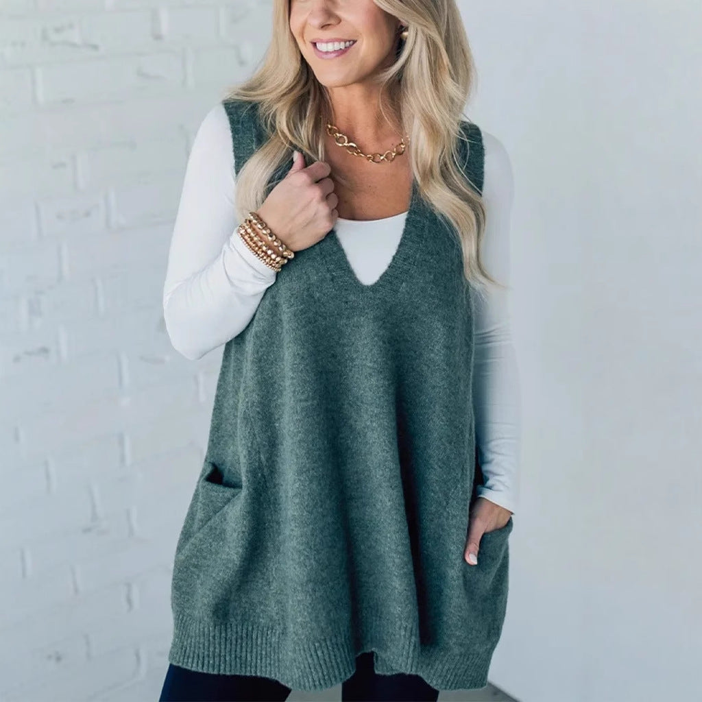 Womens Sleeveless Sweater Vest V Neck Casual Loose Knit A Line Flattering Tunic Top with Pockets Fashion Vest Sleeveless Sleeveless Minimalist Style