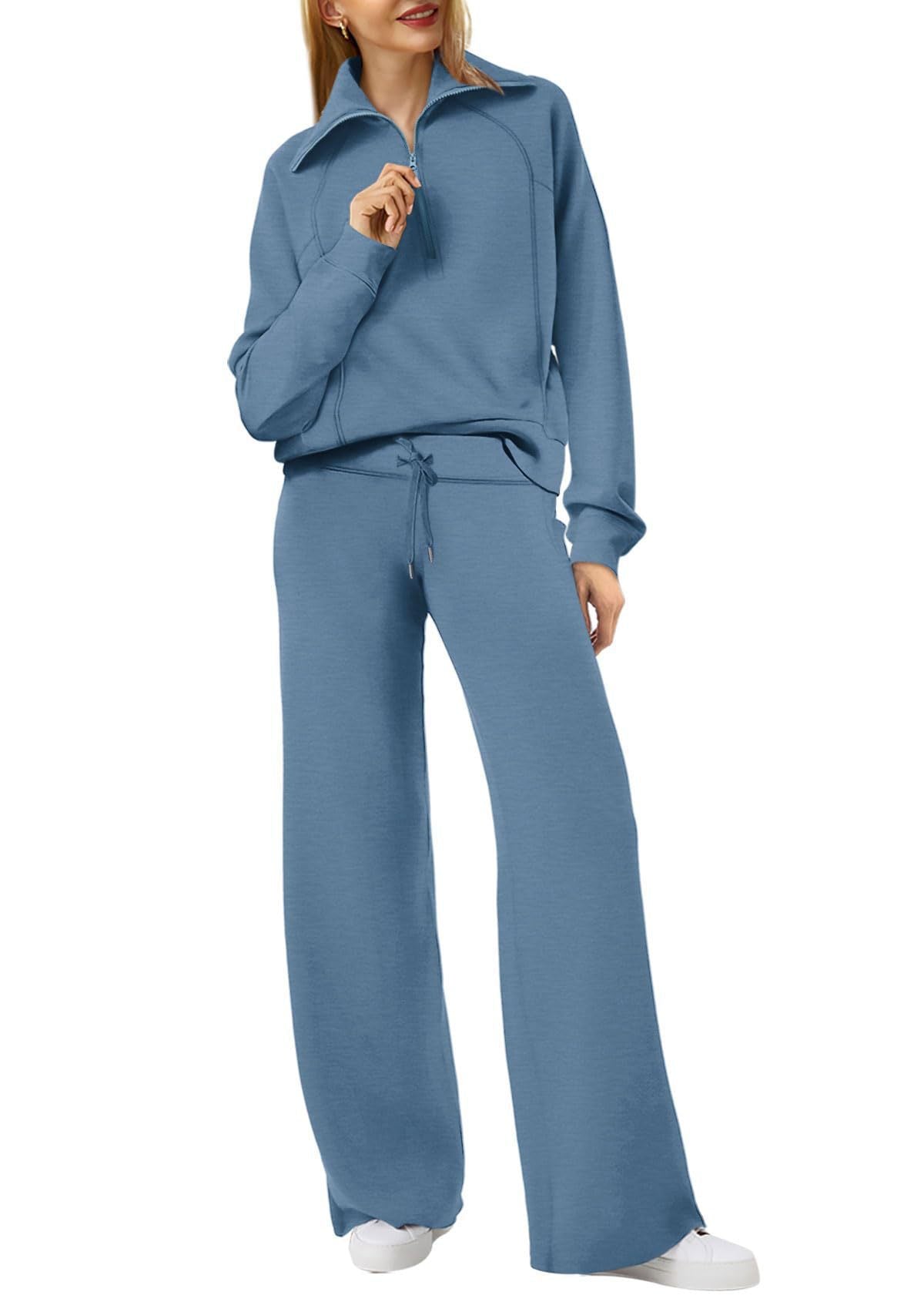 Women’s Half-Zip Sweatshirt & Wide-Leg Pants Set – Relaxed Two-Piece Outfit
