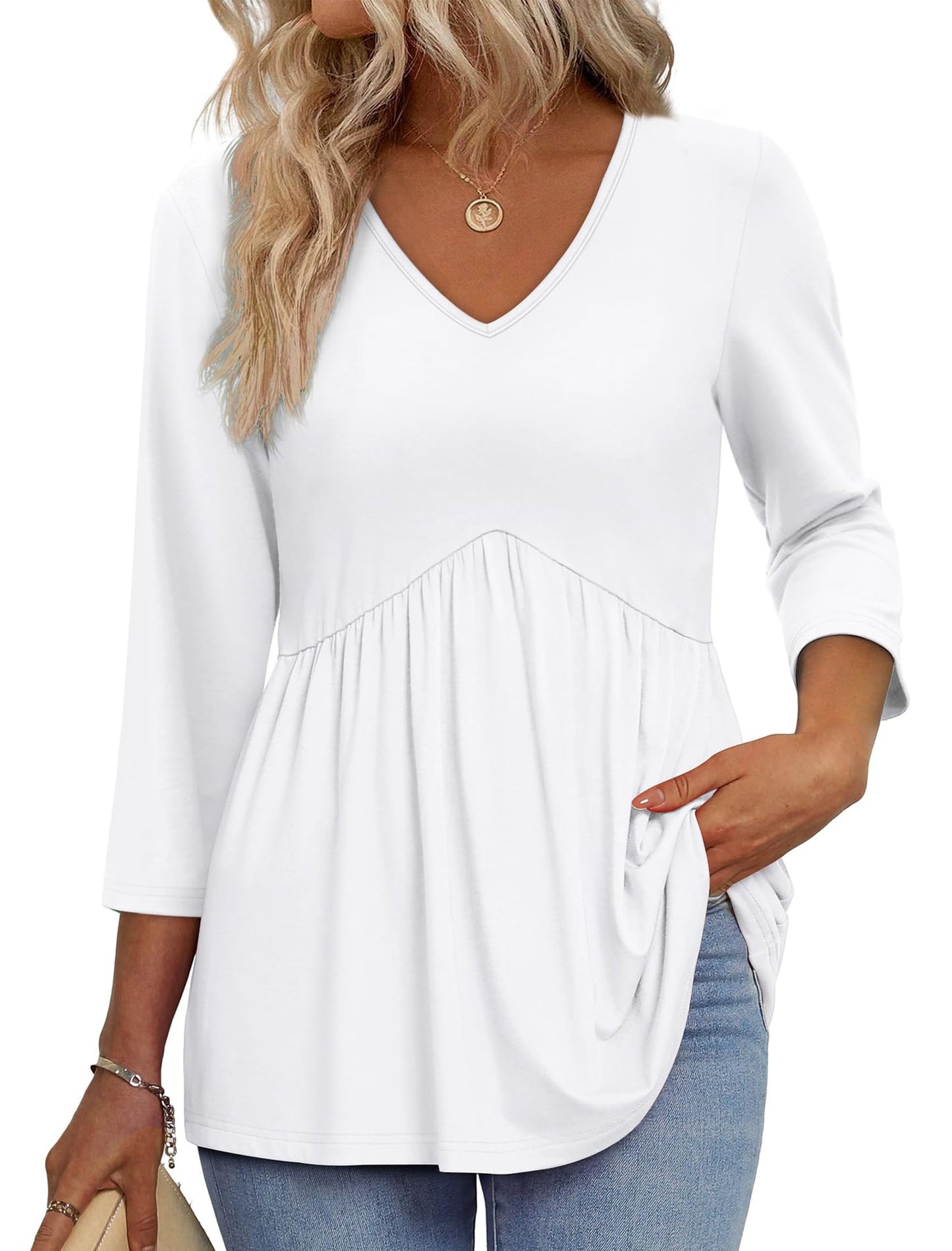 Women’s 3/4 Sleeve V-Neck Babydoll Blouse – Dressy Casual Top