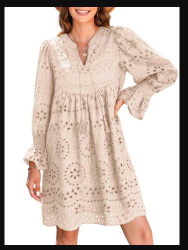 Womens 2026 Boho Dress Tassel V Neck Long Sleeve A Line Casual Hollow Out Lace Ruffle Party Dresses
