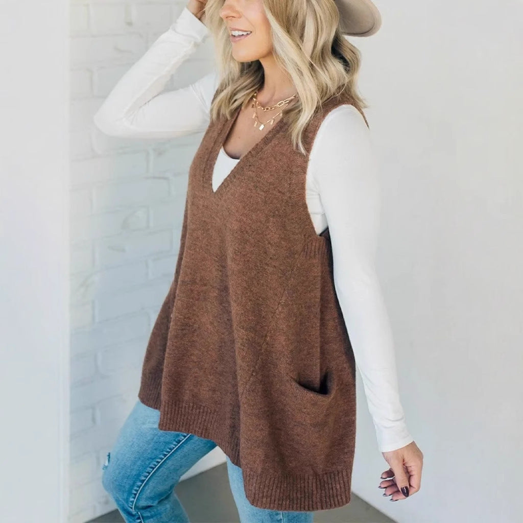 Womens Sleeveless Sweater Vest V Neck Casual Loose Knit A Line Flattering Tunic Top with Pockets Fashion Vest Sleeveless Sleeveless Minimalist Style