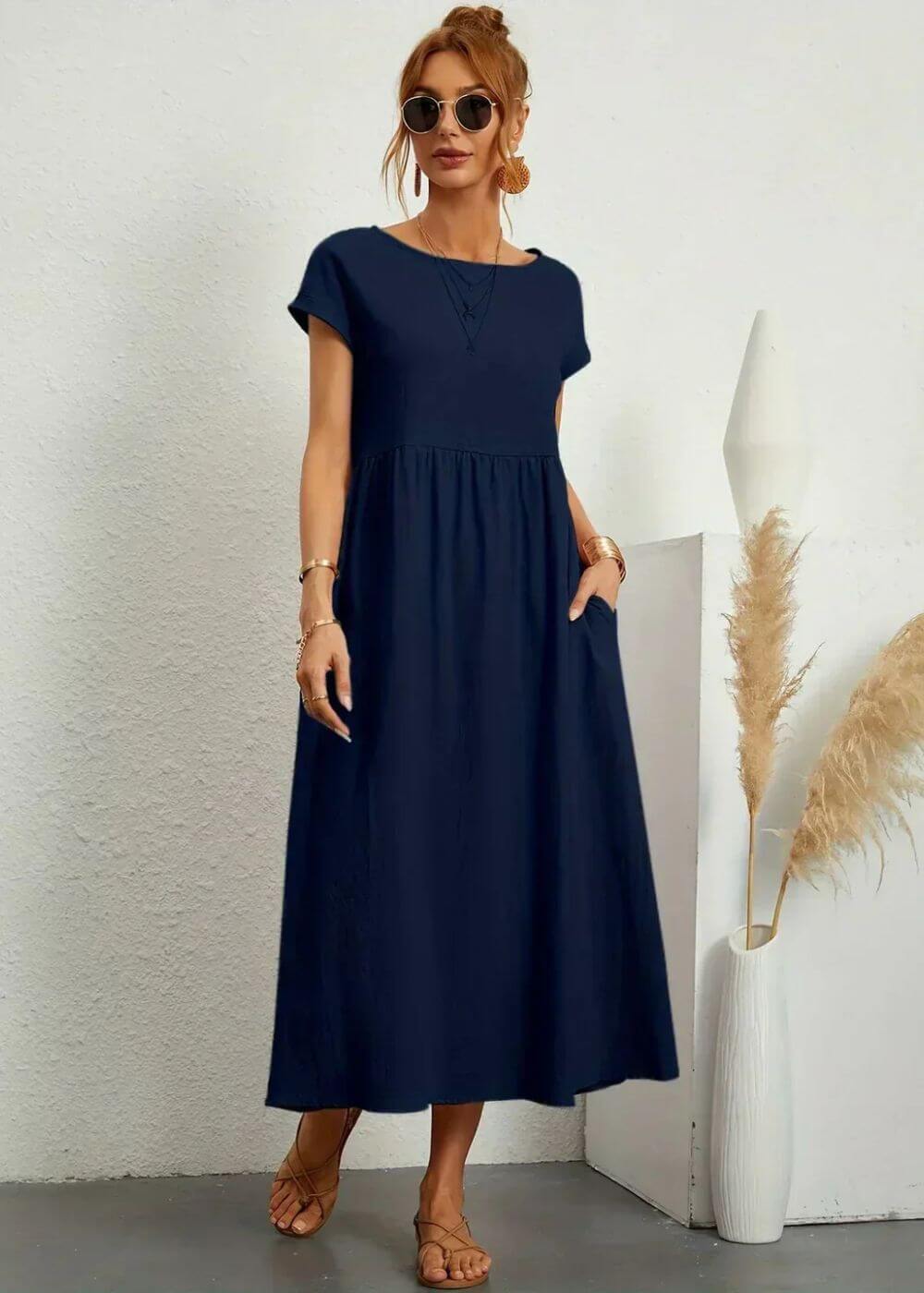 Navy Blue breathable cotton-linen gauze midi dress with pockets