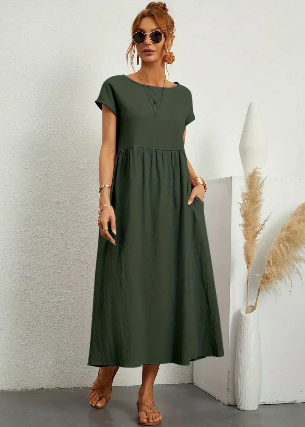 Forest Green breathable cotton-linen gauze midi dress with pockets