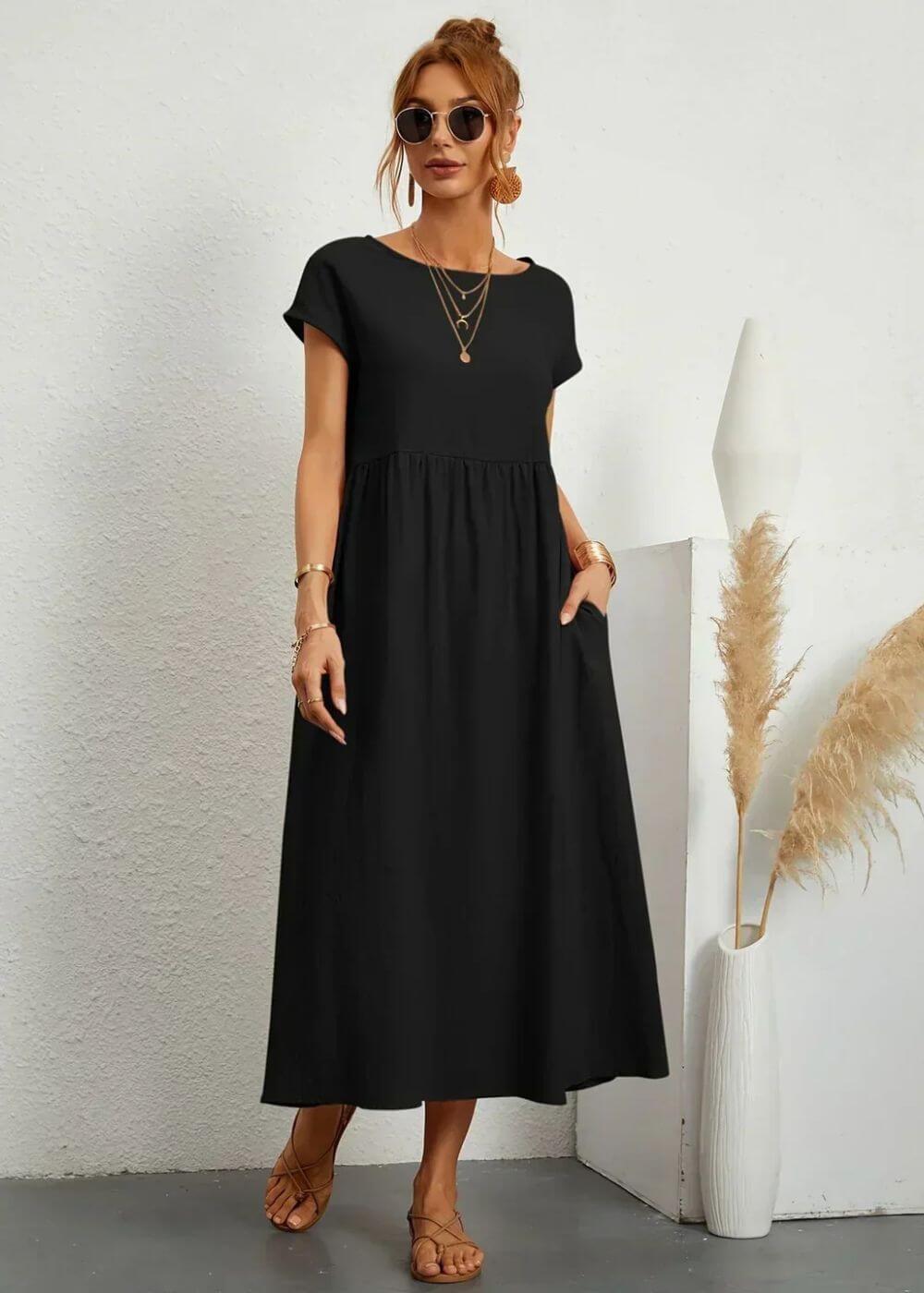 Black breathable cotton-linen gauze midi dress with pockets