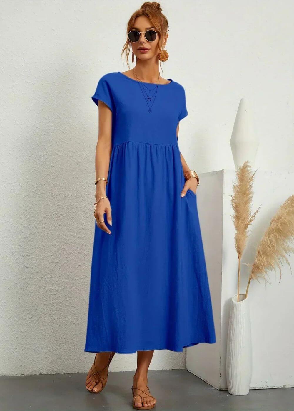 Sky Blue breathable cotton-linen gauze midi dress with pockets