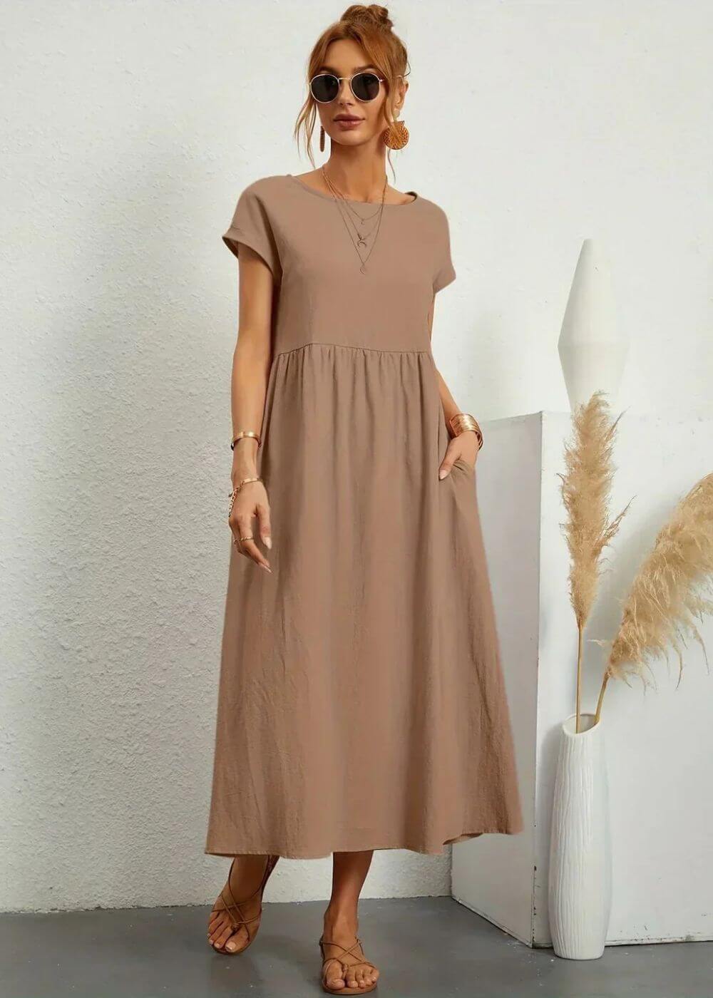 Khaki breathable cotton-linen gauze midi dress with pockets