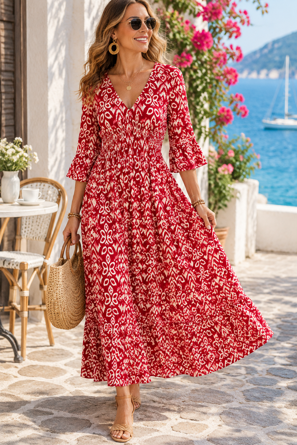 Plus Size Summer Floral V-Neck Dress for Women, Loose Casual Print V-Neck Long Dress, Bohemian Wrap V-Neck 3/4 Sleeve