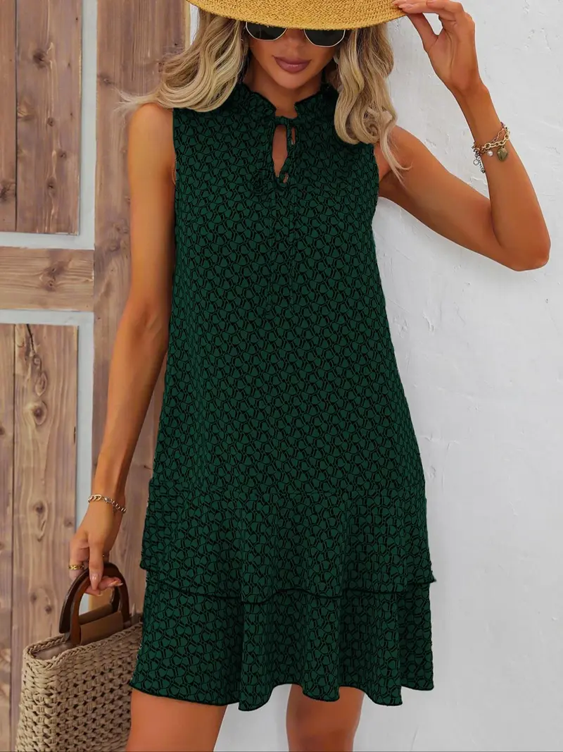 Women's Geometric Print Bow Dress, Tiered Layer Cake Skirt, Casual Sleeveless Fitted Short Dress, All-Season Versatile Fashion
