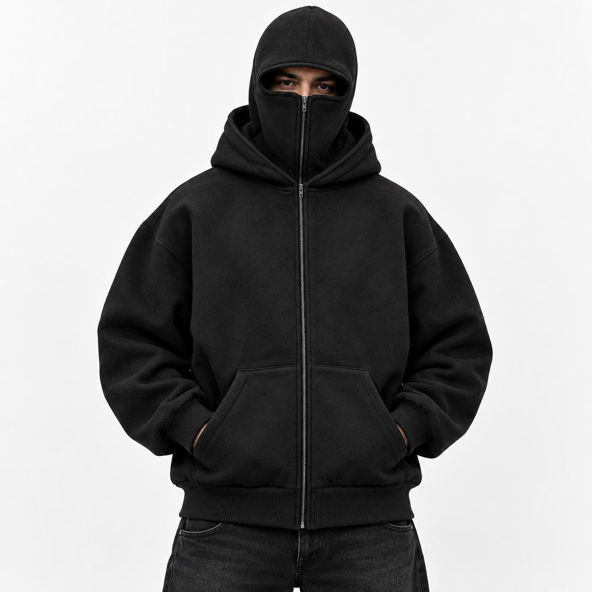 Unisex Fleece-Lined Full-Zip Hoodie with Built-In Face Cover