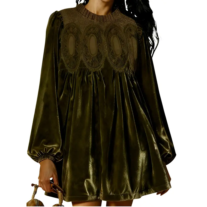 Womens A-Line Velvet Lace Overall Pleated Babydoll Mini Dress Casual Scallop Neck Flared Swing Dress
