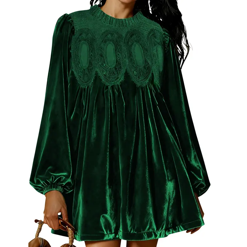Womens A-Line Velvet Lace Overall Pleated Babydoll Mini Dress Casual Scallop Neck Flared Swing Dress