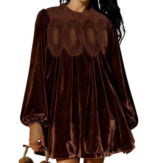 Womens A-Line Velvet Lace Overall Pleated Babydoll Mini Dress Casual Scallop Neck Flared Swing Dress