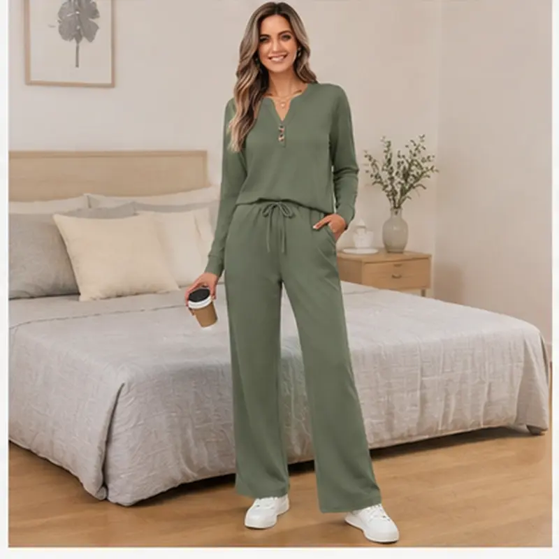 Fall & Winter Casual Two-Piece Set – Long-Sleeve Shirt & Wide-Leg Pants
