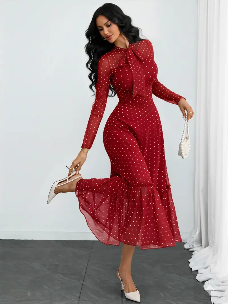 Women's Polka Dot Bow-Neck Ruffle Hem Midi Dress