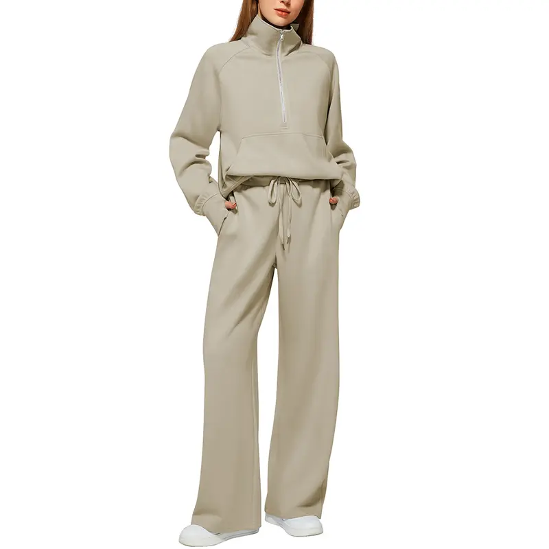 Women's 2-Piece Chic Ribbed Silk-Like Loungewear Set - Drop-Shoulder Oversized Half-Zip Pullover Top with Thumbholes, High-Waist Wide-Leg Pants (Skim, Not Hug) - Fitness & Outdoor Travel Essentials
