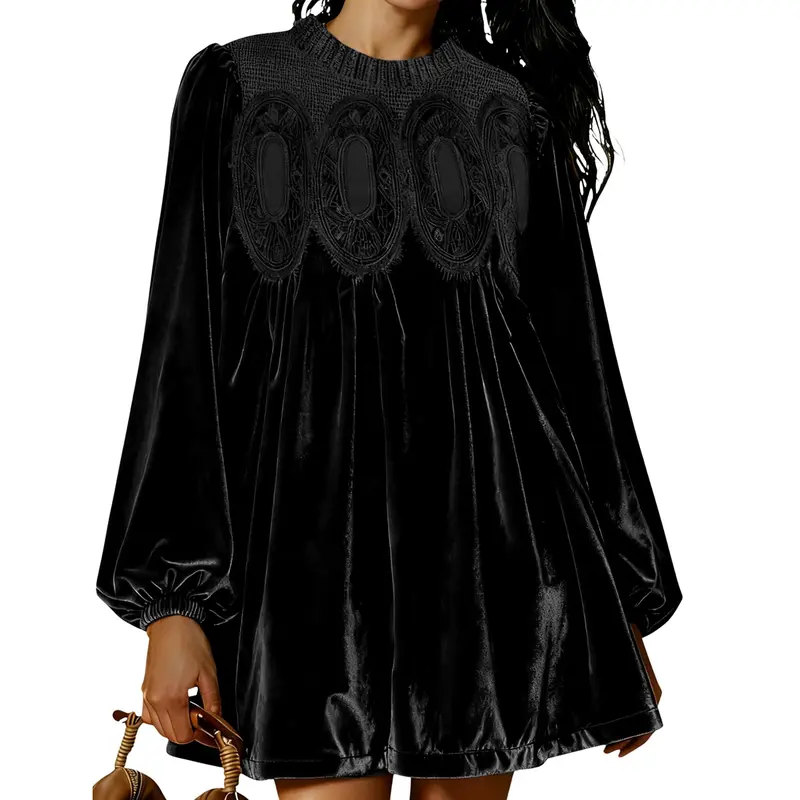 Womens A-Line Velvet Lace Overall Pleated Babydoll Mini Dress Casual Scallop Neck Flared Swing Dress