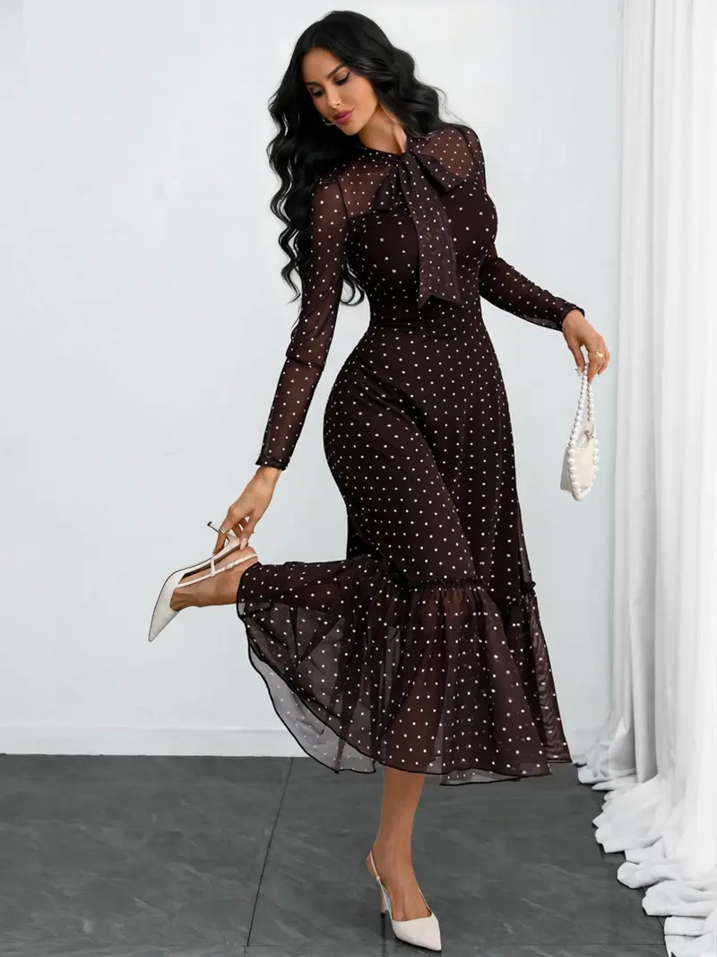 Women's Polka Dot Bow-Neck Ruffle Hem Midi Dress