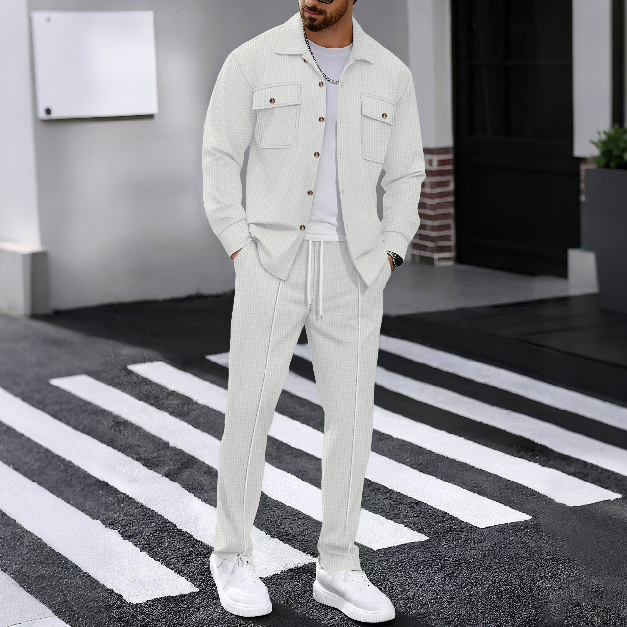 Men’s Textured Knit Shirt & Drawstring Pants Set – Casual Two-Piece Outfit