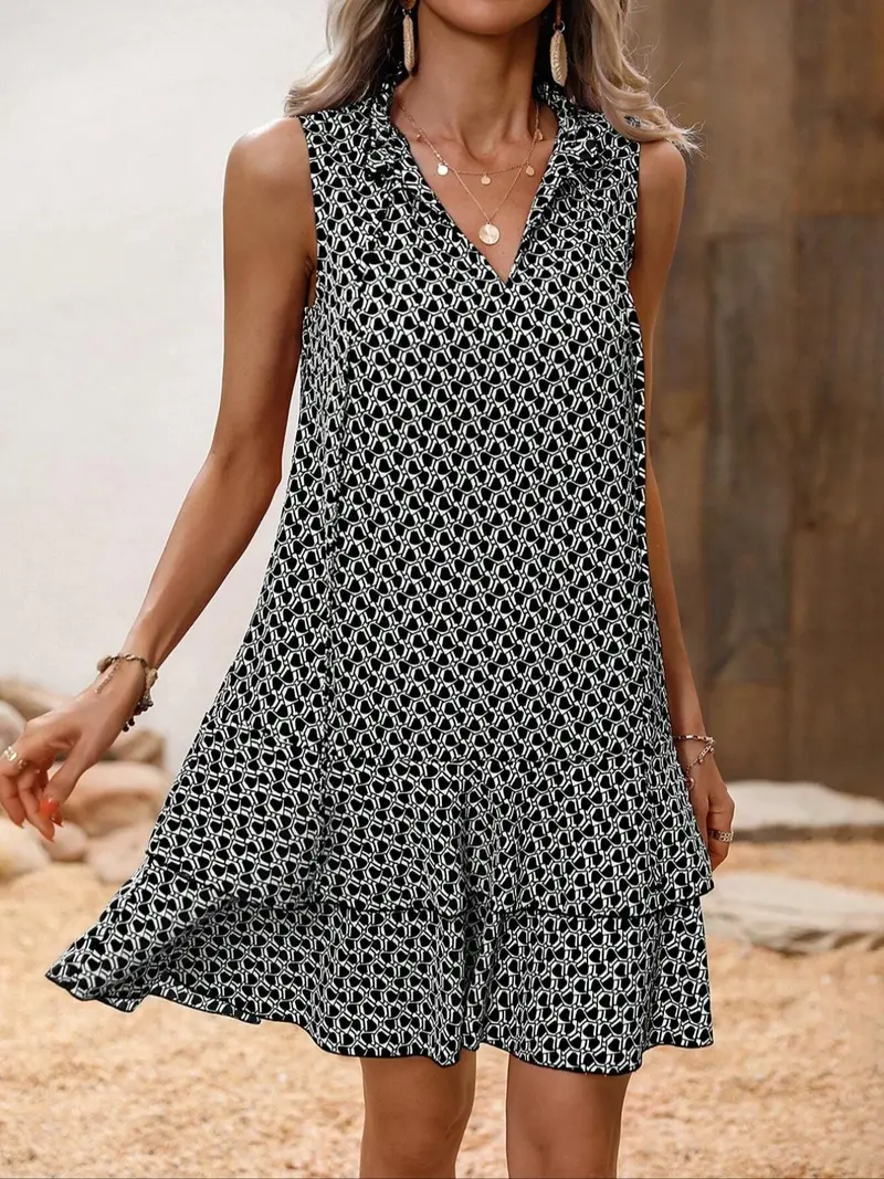 Women's Geometric Print Bow Dress, Tiered Layer Cake Skirt, Casual Sleeveless Fitted Short Dress, All-Season Versatile Fashion