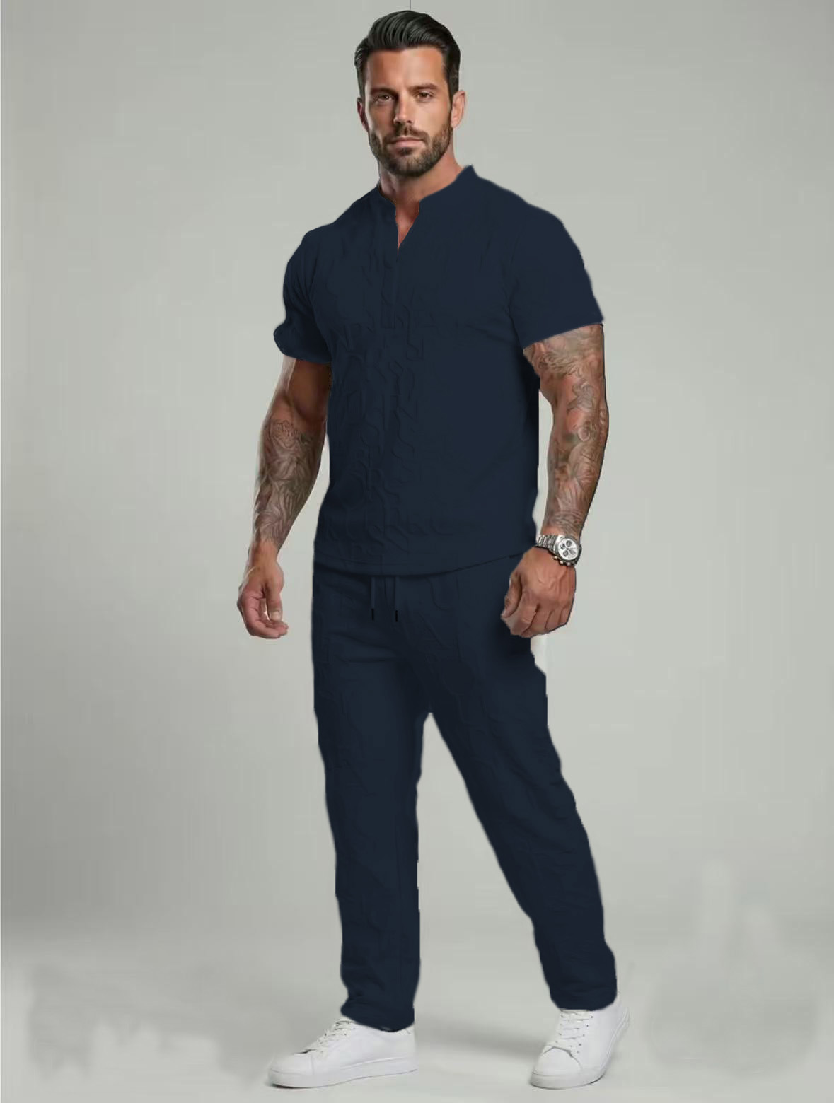 Men’s Textured Short Sleeve Top & Drawstring Pants Set – Casual Two-Piece Outfit