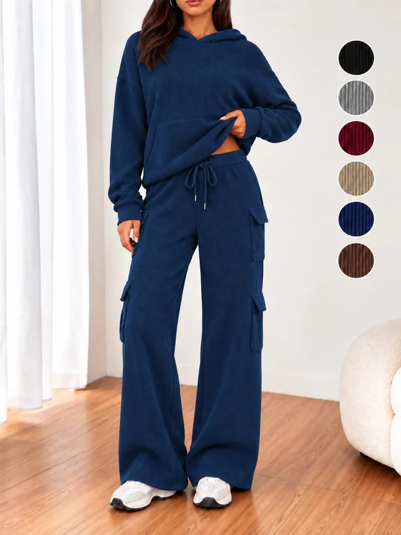 Women’s 2 Piece Ribbed Hoodie Set, Long Sleeve Pullover & Wide Leg Cargo Pants, Casual Lounge for Fall Winter, Holiday Gift