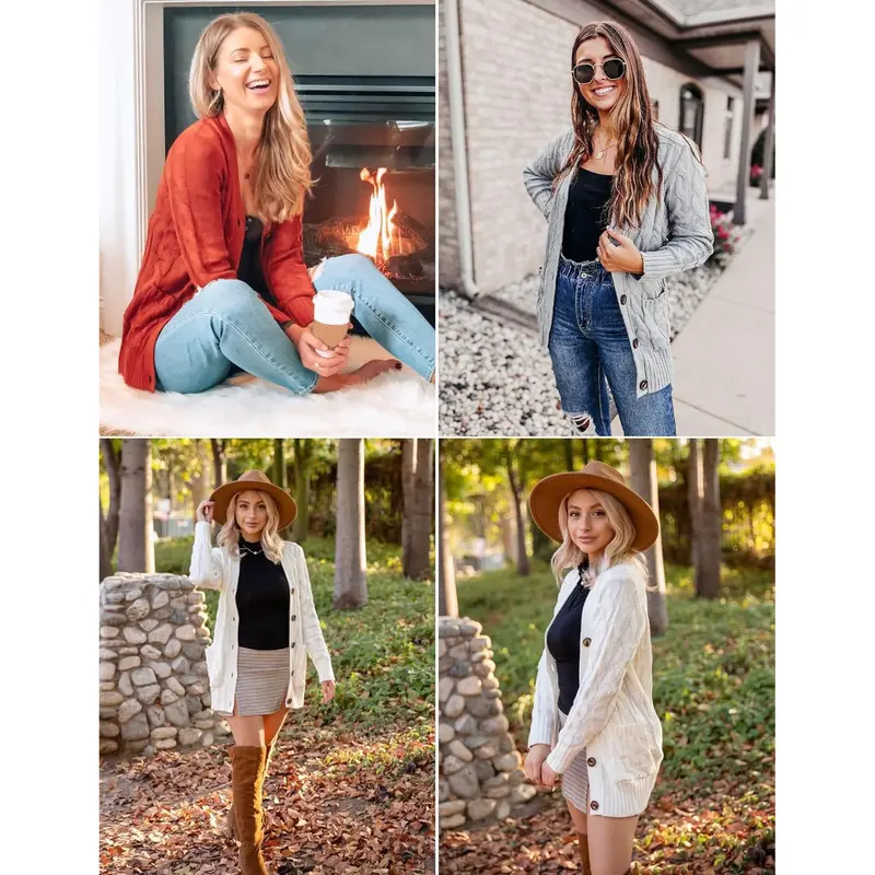Women’s Cable-Knit Button-Front Cardigan – Cozy Relaxed Fit for Fall & Winter