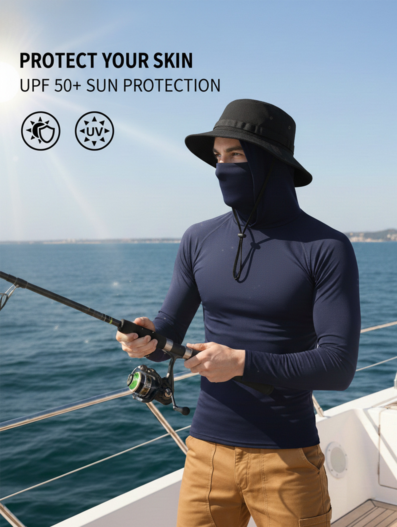 UPF 50+ Long-Sleeve Sun-Protection Hoodie (with Sleeve Pocket and Face Mask)