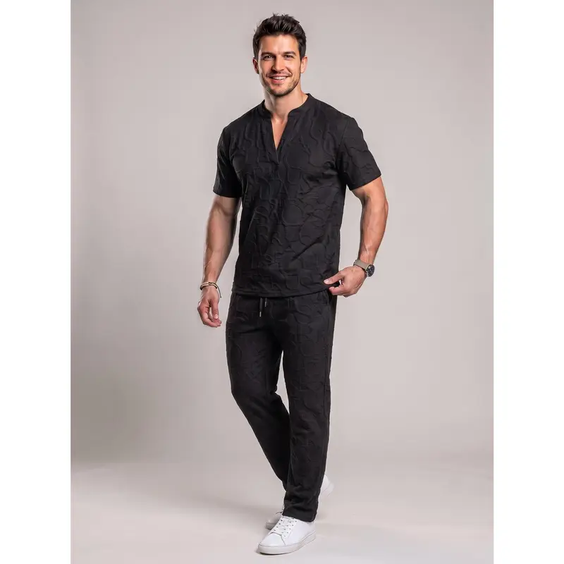 Men’s Textured Short Sleeve Top & Drawstring Pants Set – Casual Two-Piece Outfit