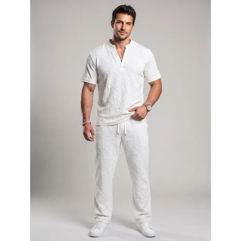 Men’s Textured Short Sleeve Top & Drawstring Pants Set – Casual Two-Piece Outfit
