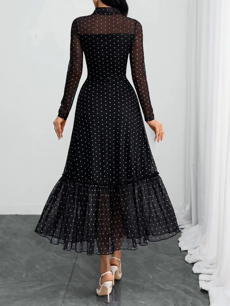 Women's Polka Dot Bow-Neck Ruffle Hem Midi Dress