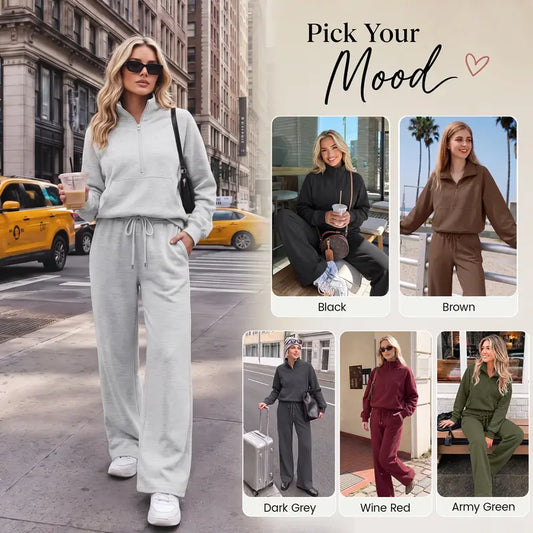 Women's 2-Piece Chic Ribbed Silk-Like Loungewear Set - Drop-Shoulder Oversized Half-Zip Pullover Top with Thumbholes, High-Waist Wide-Leg Pants (Skim, Not Hug) - Fitness & Outdoor Travel Essentials