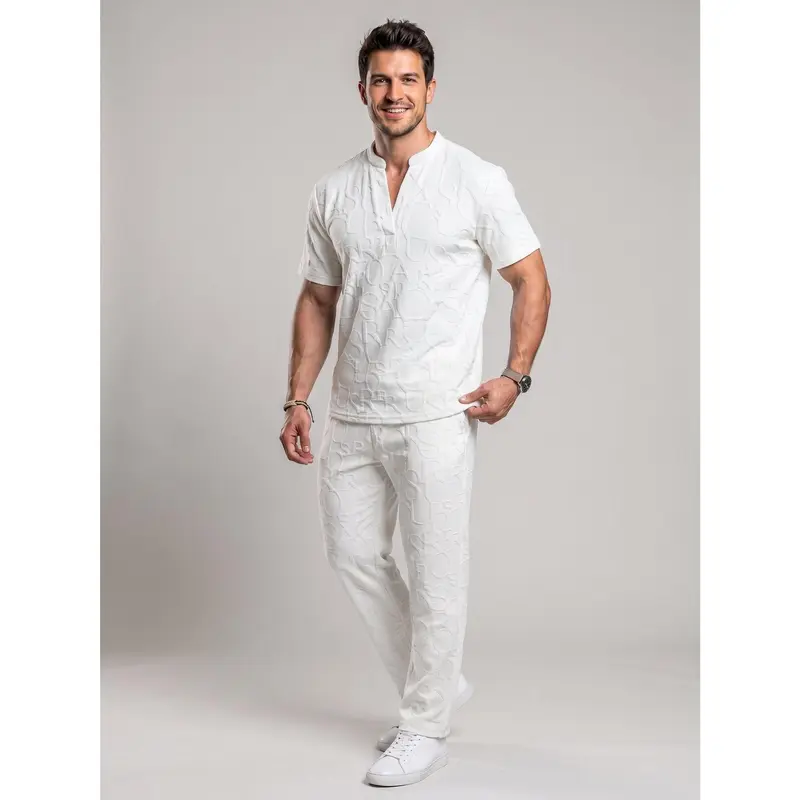 Men’s Textured Short Sleeve Top & Drawstring Pants Set – Casual Two-Piece Outfit