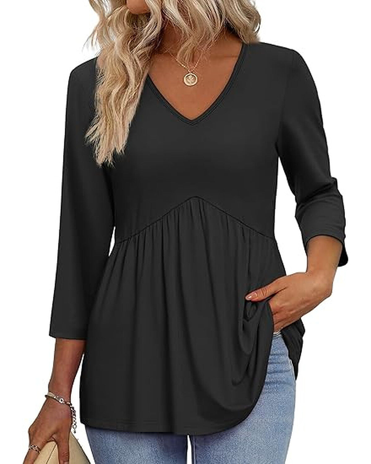 Women’s 3/4 Sleeve V-Neck Babydoll Blouse – Dressy Casual Top