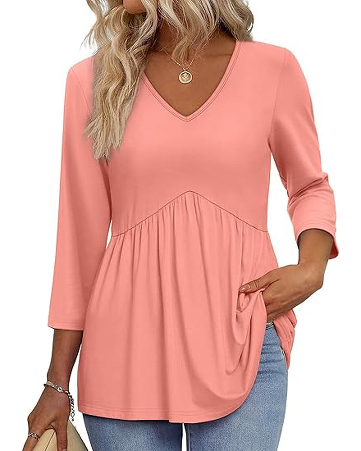 Women’s 3/4 Sleeve V-Neck Babydoll Blouse – Dressy Casual Top