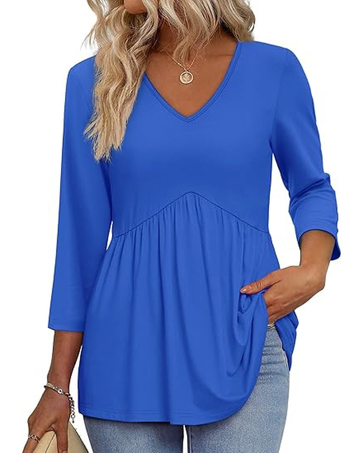 Women’s 3/4 Sleeve V-Neck Babydoll Blouse – Dressy Casual Top