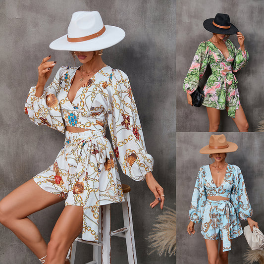 Women's Elegant V Neck Puff Sleeve Two Piece Set